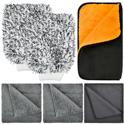 HUMOKI 6 Piece Car Washing Kit - Car Wash Mitt, Dual-Sided Microfibre Car Drying Cloth, Absorbent Car Drying Towel, Waffle Cloths - Car Cleaning Kit, for Interior Exterior Car Wash