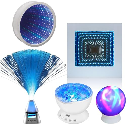 Playlearn Sensory Light LED 22cm Infinity Mirror Tunnel Light Square-23cm 3D Infinity Mirror Tunnel Light-Ocean Wave Projector Lamp,Fibre Optic Lamp with Wireless Speaker for Home Decor Sensory Lights