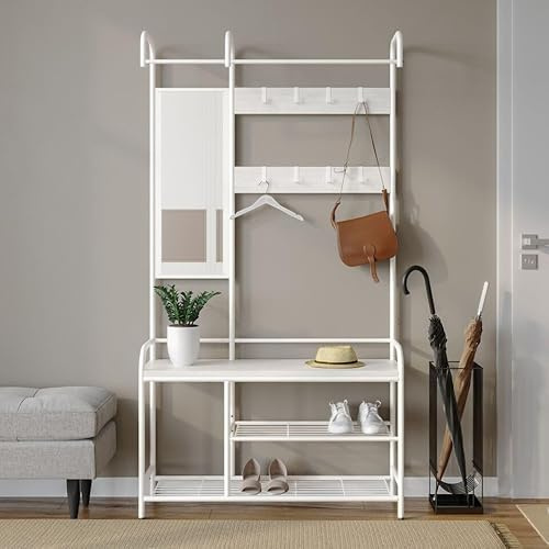 URBNLIVING Entryway Hallway Coat Hanger Stand Shoe Bench Storage Display Rack Mirror Included Stylish Organization for Coats, Shoes, and Accessories Perfect for Entryways and Hallways