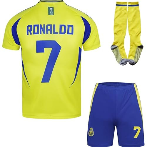 metekoc NASSR Riyadh Al 2024/2025 Heim #7 Football Fußball Kinder Trikot Shorts Socken Geschenk Set Jugendgrößen (Gelb/Blau,26)