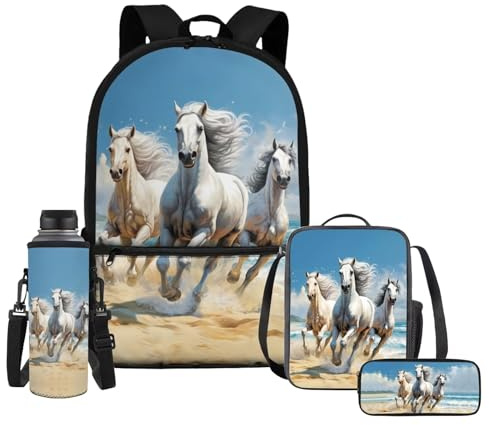 HELLHERO Horse Backpack for Girls 10-12 Boys School Bag and Lunch Box Set Kids Pencil Purse Elementary Kindergarten Bookbag 1st Grade Middle School Water Bottle Sleeve Children Schoolbag