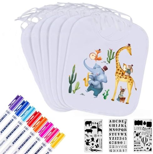 NJCXOLA Baby Lätzchen zum Bemalen, 6er Stück weiß Lätzchen Babyparty Spiele für Kinder, Inklusive 8Textilstiften und 3 Malen Schablonen für Kreative Gestaltung Ideal für Babyshower Party Geschenke