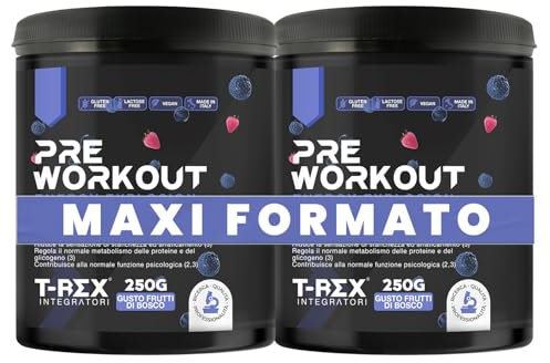 T-Rex Integratori Pre Workout, Energy Drink Potente con Creatina Monoidrata, Taurina, Citrullina, Arginina, Beta Alanina e Vitamine, 500 g (Frutti di Bosco, 500 g (Confezione da 2))