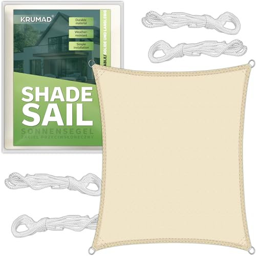 KRUMAD Sonnensegel Rechteckig 3m x 2m, Beige, UV-Schutz, Wasserdicht, Wetterfest, für Garten, Balkon & Terrasse, Atmungsaktives HDPE 160 g/m², inkl. 4 Befestigungsseile