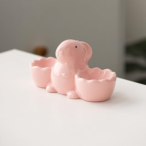 Huevera de cerámica de doble soporte, diseño de conejo de cerámica creativa, decoración de Pascua para huevo hervido suave, decoración del hogar, utensilios de cocina, conejo de Pascua (rosa)