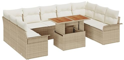 vidaXL 10-teiliges Garten-Essset mit Rattan-Sofa und Kissen in Beige, Akazien-Tisch. Gemütliches Sitzen für 9 modulare Möbel im Patio, auf dem Balkon oder der Terrasse. Teil der Lounge-Kollektion.