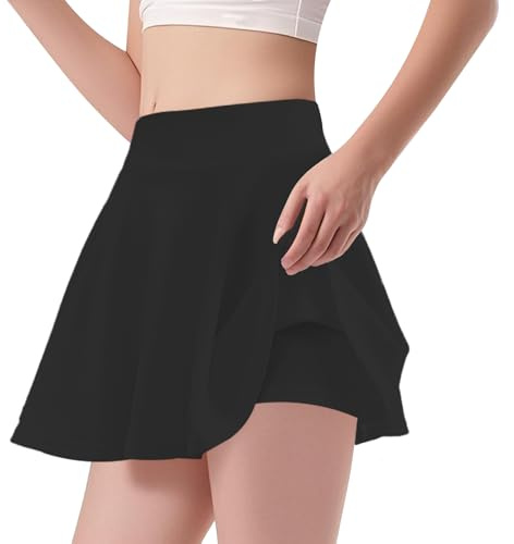 Girls High Waisted Stretch Flippy Skater Skirt with Built-in Safety Shorts, Flared Pleated School Skirt, Casual, Dance, Gym Skirt (Black, XS)