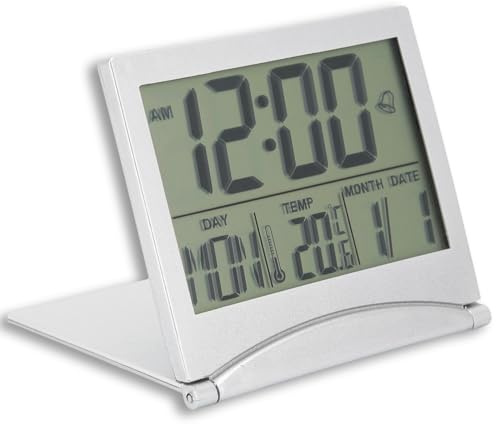 Digital Travel Alarm Clock, Portable Large Number Display Clock Foldable Calendar Temperature Timer Compact Desk Alarm Timer for Home Office