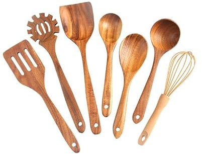 Lot de 7 ustensiles de cuisine en bois de teck – Outils de cuisine naturels avec spatule, louche, palette de riz, passoire et fouet, résistant à la chaleur et anti-rayures pour tous les ustensiles de