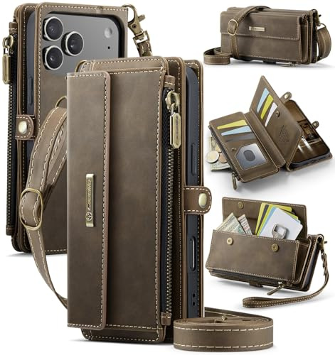 Unichthy Zip Purse for iPhone 17 Pro Max Case with Crossbody Strap + Wrist Strap Shockproof Leather Flip Wallet Zipper Handbag 9 Card Slots Large Space RFID Blocking Bag for iPhone 17 Pro Max Coffee