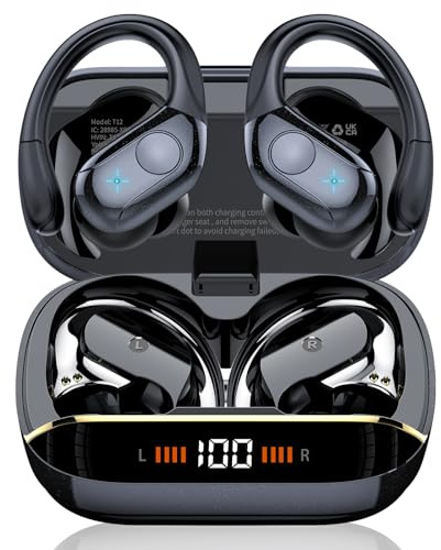 Wireless Earbuds, 75H Bluetooth 5.4 Headphones, Sport Wireless Earphones with 4 ENC Mic, Stereo Bass, IP7, Bluetooth Earbuds with Earhooks for Workout/Running/Work, Dual LED Display Ear buds, Black
