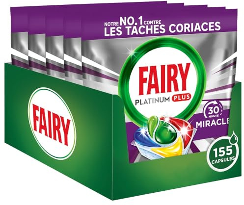 Fairy Platinum Plus Tablettes Lave-Vaisselle Tout-en-1, Miracle 30 Minutes, 155 Tablettes (31x5), Notre Nettoyant n°1 Pour Les Résidus Alimentaires Tenaces