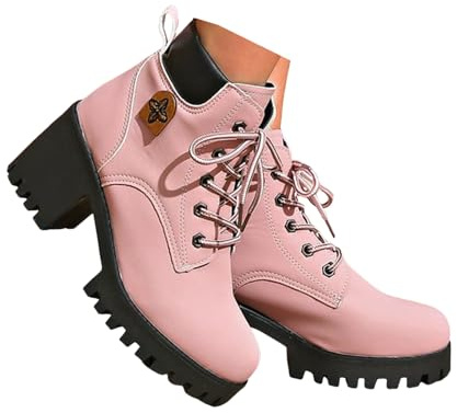Xbemkste ankelstövlar dam med tung klack casual snörstövlar korta bikerstövlar rund tå kort skaft stövlar eleganta ankelstövlar ankelstövlar övergångsstövlar, ROSA, 40.5 EU