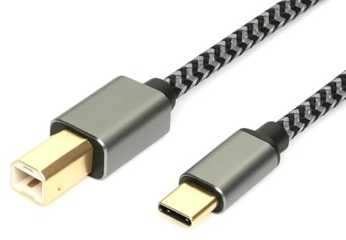 USB B to USB C Braided Printer Cable 2.0, 2m Data Lead, 480 Mbps Transfer Speed, Compatible with HP, Epson, Canon Printers, Xerox, Acer, ASUS, Laptops
