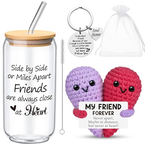 LemonRoad 4 Pack Valentines Galentines Day Friendship Gifts for Women 16 oz Glass Cup with Lid, Straw Brush, Heart Crochet and Keychain with Organza Bag Birthday Gift for Soul BFF Sister Bestie