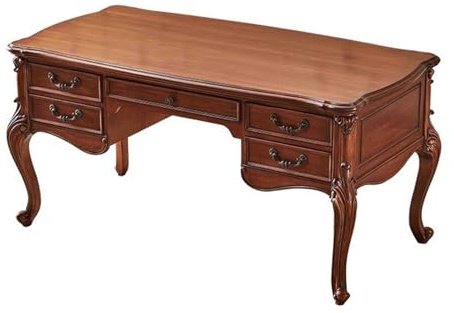 MENGLI-2024 Table d'ordinateur Bureau exécutif Traditionnel en Bois de 63 Pouces avec Pieds Cabriole sculptés à la Main, Bureau d'écriture Vintage Noyer Cerisier 5 tiroirs