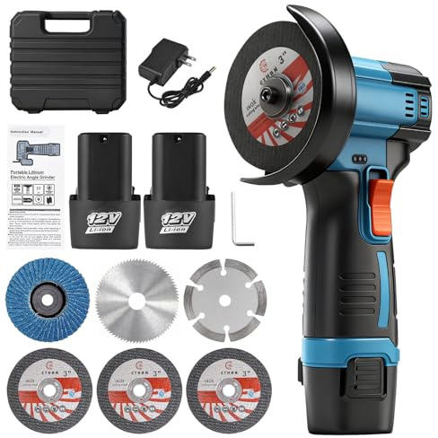 Mini smerigliatrice angolare, smerigliatrice angolare a batteria con 2 batterie da 1500 mAh, smerigliatrice elettrica senza fili 12 V, 19500 giri/min, adatta per il taglio e la lucidatura di legno