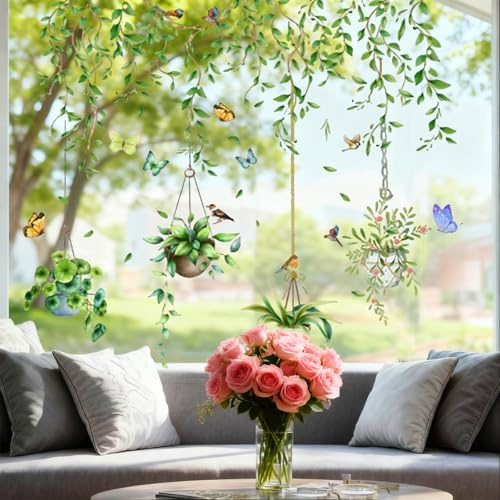 2 Pièces Stickers Fenetre Décoratifs Autocollants Fenêtre Feuilles Verts Plantes Printemps Été Vitre Stickers Pour Cuisine Salle De Bain Salon Chambre