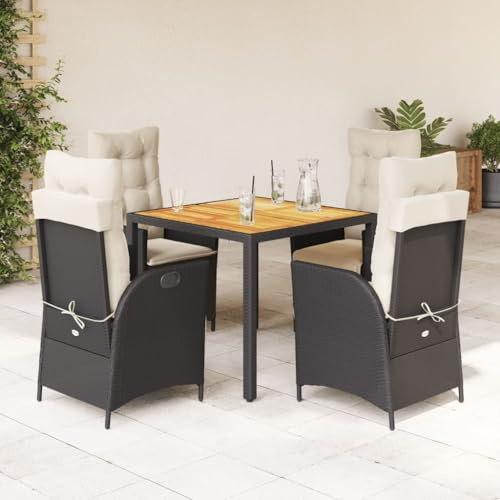 QJBSAVVA 5-TLG. Schwarze Gartenmöbel Set 90 x 90 cm Akazienholz-Tisch & verstellbare Poly Rattan Sessel mit cremefarbenen Kissen Moderne Balkonmöbel für kleinen Balkon, Terrasse und Garten