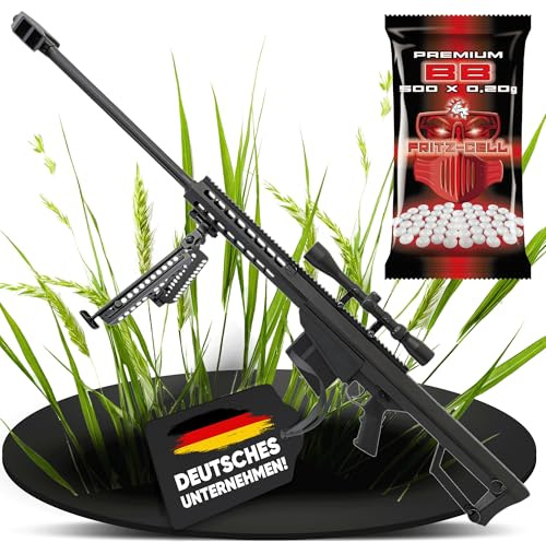 Fritz-Cell Set Airsoft Gewehr M82 140 cm Softair Waffe 0,5 Joule 6 mm inkl. Zweibein, Zielfernrohr, 500 Premium BB's 0,20g Munition FC31C schwarz