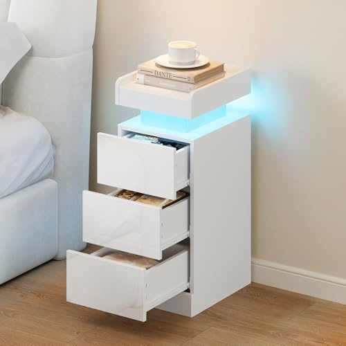 Dripex Nachttisch schmal, 3 Schubladen LED Beistelltisch mit RGB Licht für Schlafzimme