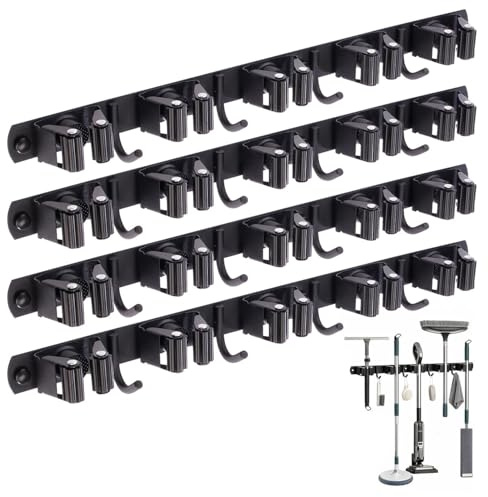 AGT Gerätehalter: 4er-Set Besen-Wandhalterung mit 5 Klemm-Halterungen und 4 Haken (Werkzeug Wandhalterungen, Werkzeughalterung mit Klemmung)