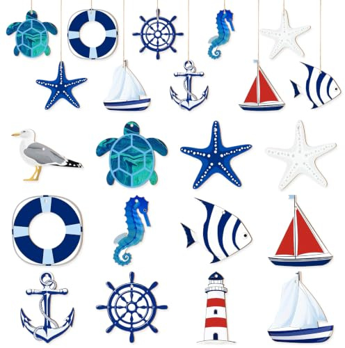24Pcs Nautical Theme Wooden Hanging Ornaments Set, Turtle Starfish Sailboat Seahorse Anchor Lighthouse Ocean Hanging Decorations for Coastal Home, Party Holiday Decoration