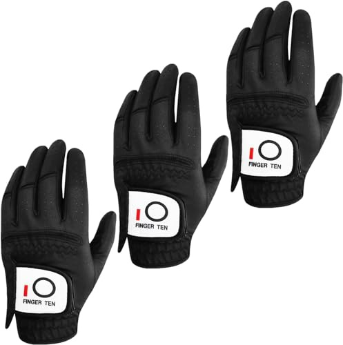 FINGER TEN Golf Handschuhe Männer Linke Hand Regengriff Handschuh für rechtshändige Golfer Wert 3 Pack, alle Wetter Haltbare Griff Größe Kleine Mittelgroße XL (Schwarz, Medium, Links)