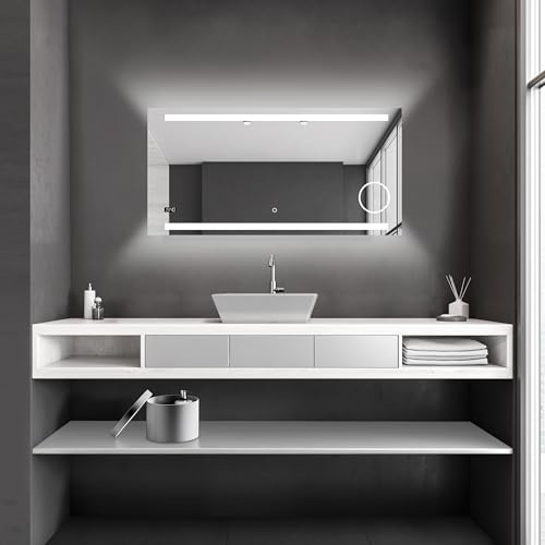 Talos King Badspiegel mit Beleuchtung – LED Badezimmerspiegel 120x60 cm – Wandspiegel mit beleuchteten Kosmetikspiegel – Spiegel mit Lichtfarbe neutralweiß – Lichtspiegel mit Digitaluhr