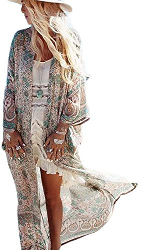 Bsubseach Cover up för baddräkt, med grönt tryck för damer, strandklänning med öppen front, kimono/cardigan, badmode, kaftan