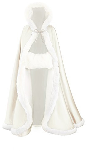BEAUTELICATE Mantello con Cappuccio Donna Mantella Lungo Pelliccia Sintetica Raso da Sposa con Mano Manicotto per Matrimonio Invernale Hallween Natale Carnevale Cosplay (Argento, 140cm)