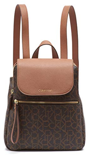Calvin Klein Women's Elaine Signature Key Item Flap Backpack, Brown/Khaki/Luggage Saffiano, One Size
