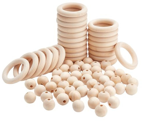 PandaHall Holzperlen und Holzring Set, 50pcs Macrame Holz Perlen, 25 stücke Holz Ringe Kreise für DIY Anhänger Anschlüsse Schmuck Machen Macrame Wandbehang Handwerk DIY Kit