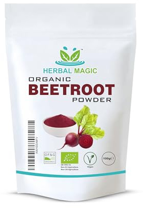 Herbal Magic's Organic Beet Root Powder - Sweet & Earthy - Ideal as a Natural Food Colour and Flavour to Tandoori Dishes,Cakes Free from Fillers & Preservatives - of&G UK Organic Certified 100g