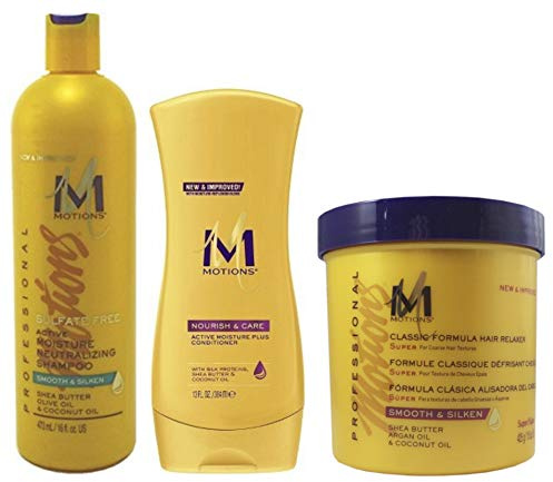 Motions Neutralizing Shampoo 16oz with Moisture Plus Conditioner 13oz & Super Hair Relaxer 15oz for Healthier Hair, Shine, Sensitive Scalps