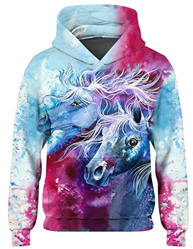 Freshhoodies Huvtröja för barn, unisex, långärmad 3D-tröja, sweatshirt med fickor, 5–16 år (storlek M–XXXL), Färgglad enhörning, 13-16 år