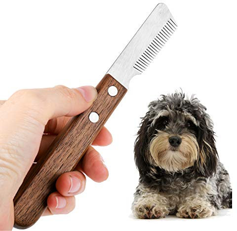Hund Trimmmesser mit Holzgriff für Stumpf Hunde Rauhaardackel Dackel Fein Deckhaar Terrier, Mittel Abisoliermesser Braun Rechtshändig Trimm Messer Haustierpflege Werkzeug für Haustier Pet Unterwolle