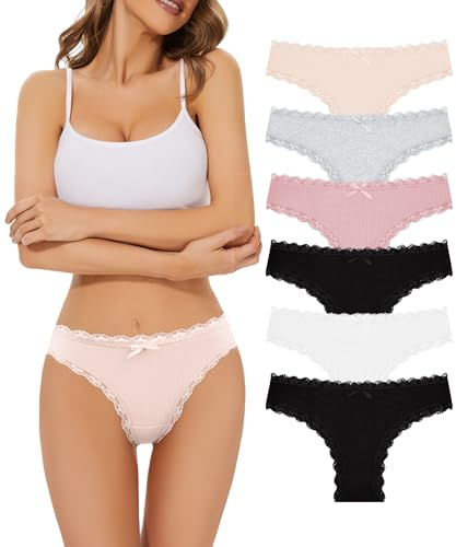 Strings en Coton et Dentelle pour Femmes –Culottes T-Back Taille Basse, sous-vêtements Doux et Respirants, Slips G-String en Lot (60029, S-M)
