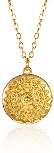 ZAVANA Round Disc Mandala Necklace, Gold Chain with Gold Disc Mandala Pendant. Dainty Necklace with Shiny Mandala Pendant for Women and teenage girls. Quality Fashion jewellery for women.