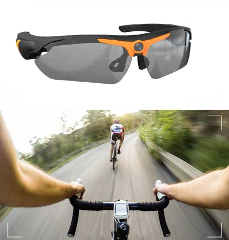 Occhiali da sole sportivi, leggeri, da equitazione, con registratore audio video 1080p, per interni ed esterni, arancione (con scheda SD da 128 GB)