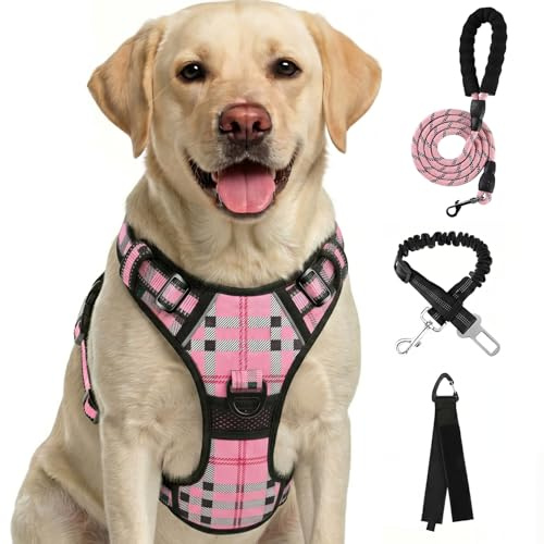 Furryfection Zugfreies Hundegeschirr Reflektierend Plaid Rosa Größe S | Strapazierfähiges Oxfordgewebe, gepolsterter Griff, 4 Gurte, 2 Leinenösen, für kleine bis mittelgroße Hunde