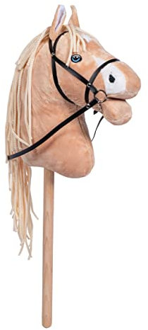 HKM Hobby Horse Sunny – Steckenpferd Hellbraun, abnehmbare Trense & Lange Mähne, 40 cm Holzstiel – für Hobby Horsing Dressur & Parcours