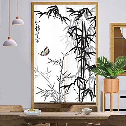 Surwin Japanischer Stil Türvorhang Japan Noren Raumteiler Tapisseri Leinen Lang Vorhänge Partition Gardinen Tür Vorhang Tapisseri für die Türdekoration (90x200cm,Schwarzer Bambus)