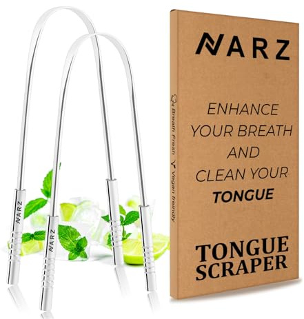 NARZ Tongue Scraper Professional Tongue Cleaner for Bad Breath Reusable Stainless Steel Tongue Scrapers for Oral Care with Dual Carved Handle for Adults & Kids Oral Hygiene 2 Pack
