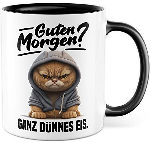 Tasse mit Spruch lustig Katze Morgenmuffel Witz Geschenkidee Kaffeetasse Humor Geschenk für Verschlafen Kaffeebecher Witz Becher (Weiß & Schwarz)