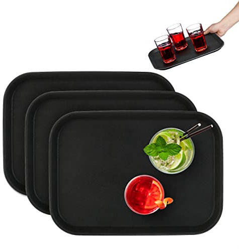 Relaxdays Vassoio Antiscivolo Rettangolare, Set da 3, LxP 35x25 cm, Portata, Servizio Ristorante, Bar, Cucina Casa, Nero