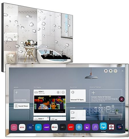 Soulaca Smart TV 4K UHD de 28 Pulgadas para baño,Panel de Espejo Inteligente, Control Remoto mágico, Resistente al Agua IP65, Ver Netflix, Alexa Incorporado,Bluetooth, Wi-Fi