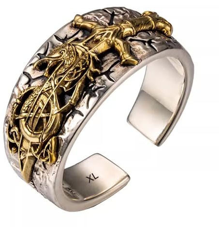 925 Sterling Silber Drache mit Schwert Ring gravierter Wikinger Vegvisir Kompass Nordischer Schmuck für Herren Damen Offen Verstellbare Größe S/M/L/XL