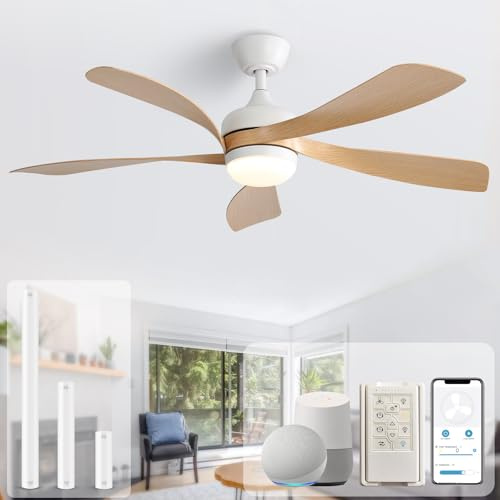 Sofucor 52 Smart Ceiling Fan, Indoor/Outdoor Ceiling Fans with Lights and Remote, Compatible with Alexa/Google/App, 3-Color Light 6-Speed Timing Reversible DC Motor for Bedroom Living Room Patio