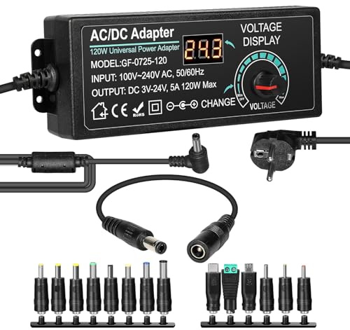 Jadeshay Alimentation Universelle 3-24V 120W 5A Adaptateur Alimentation Réglable 100V-240V AC-DC Adapter Transformateur avec 14 Connecteurs DC et Câble de Polarité Inversée